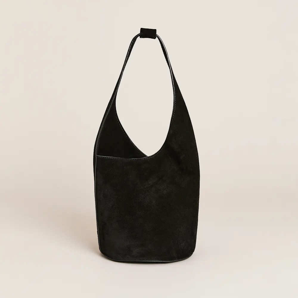 Reformation Small Silvana Bucket Bag, Black Suede